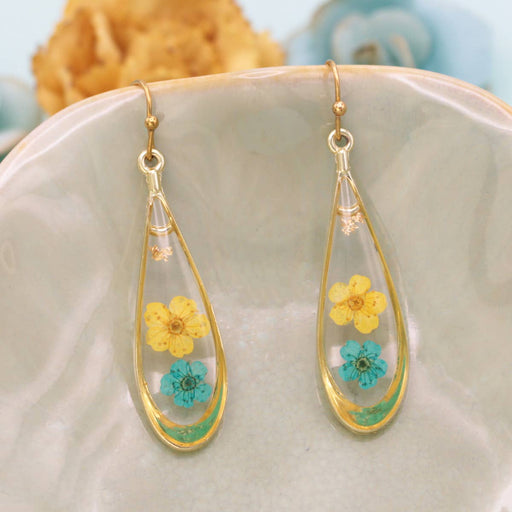 Yellow Flower Gold Teardrop Dried Flower Earrings