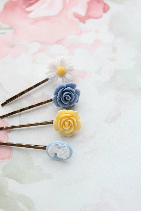 Flower Bobby Pins - Blue and Yellow