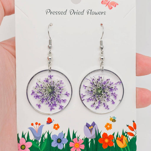 Queen Anne's Lace Round Pendant Dried Flowers Earrings - PDF
