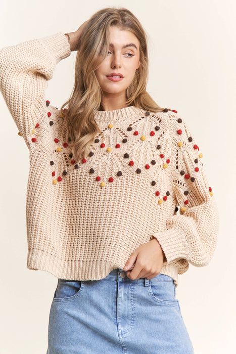 Eyelet Cable Knit  PomPom Knit Sweater Top