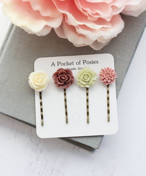 Flower Bobby Pins | Rose Hair Pins | Dusty Rose and Green