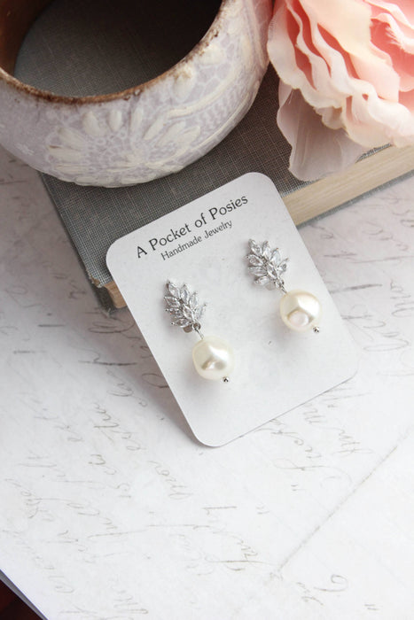 Glass Leaf Post Earrings | Baroque Pearl | Gold or Silver
