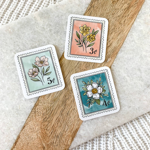 Light Blue Floral Stamp Sticker 2x1.75in