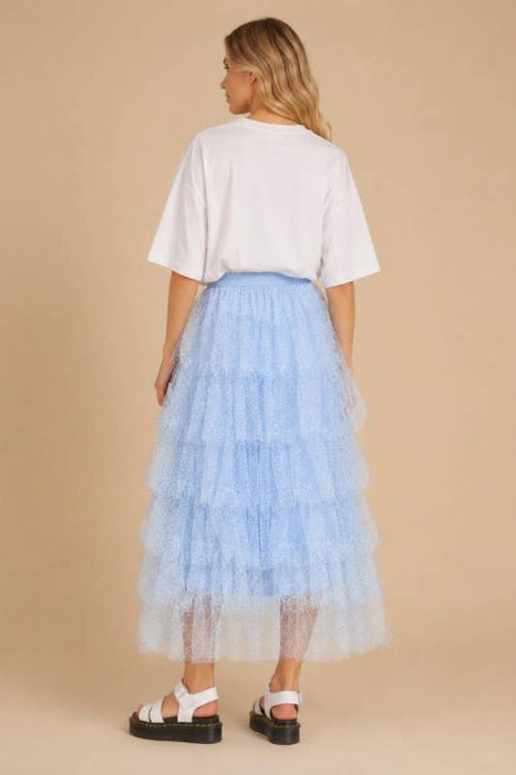 TIERED TULLE MESH MAXI-MIDI SKIRT