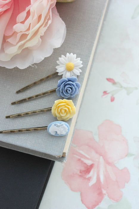 Flower Bobby Pins - Blue and Yellow