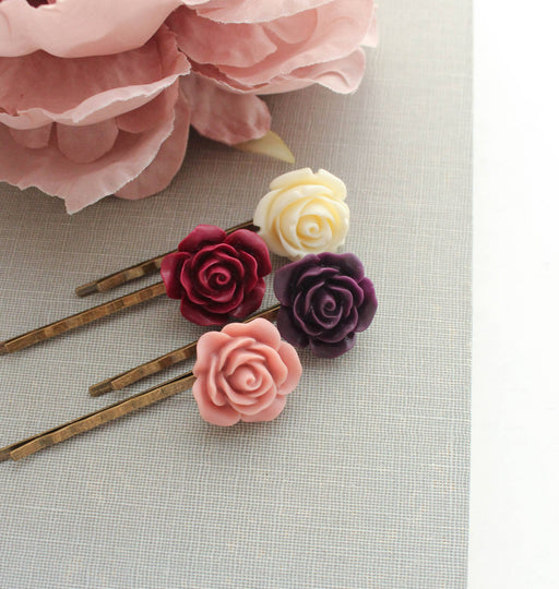 Rose Bobby Pins - Maroon and Purple