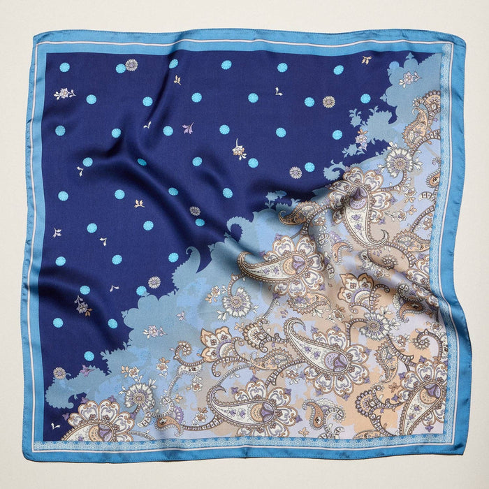 Vintage Paisley Polka Dot Square Scarf | Blue & Olive Elegant Silk-Feel Neck Hair Scarf