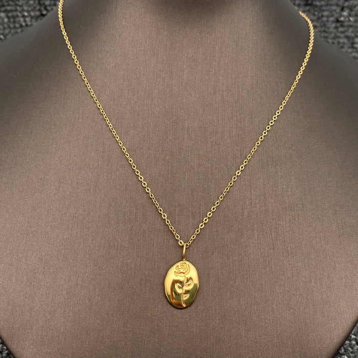 Rose 18K Gold Plated Stainless Steel Oval Charm Necklace-FGS