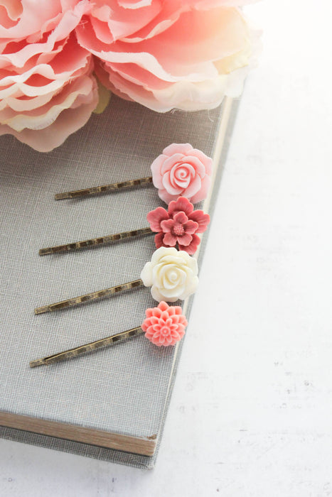 Flower Bobby Pins Set | Shades of Pink and Coral | Pink Rose