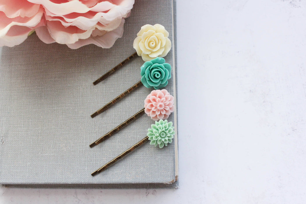 Floral Bobby Pins | Mint and Pastel Pink | Flower Hair Pins