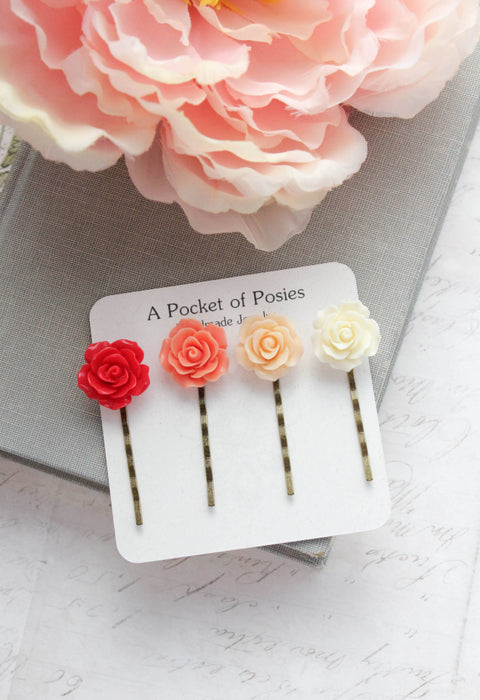 Flower Hair Pins | Ombre Set | Red Coral and Peach Roses