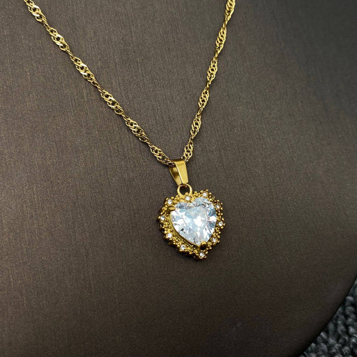 Sparkling Heart Zircon Charm 18K Gold Plated SS Necklace-FGS