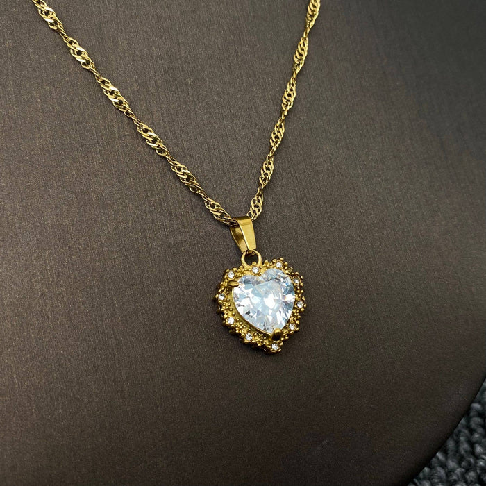 Sparkling Heart Zircon Charm 18K Gold Plated SS Necklace-FGS