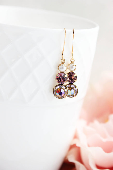 Vintage Glass Earrings -Three Jewel - Violet Purple
