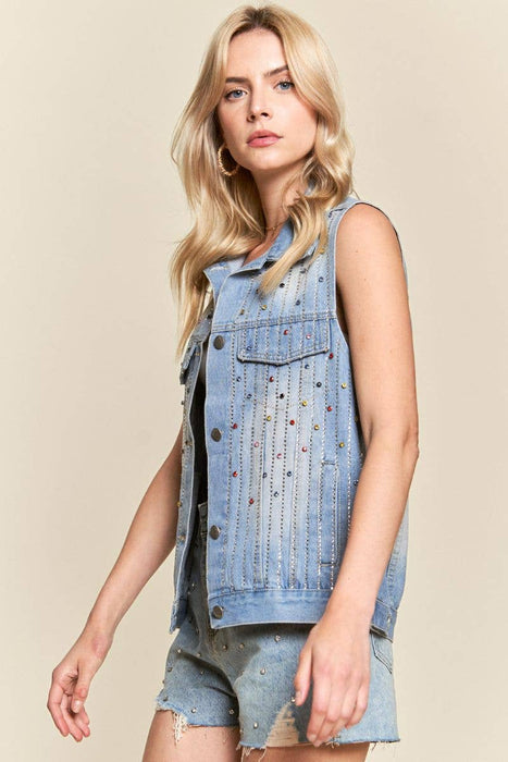 Rainbow Bejeweled Denim Vest