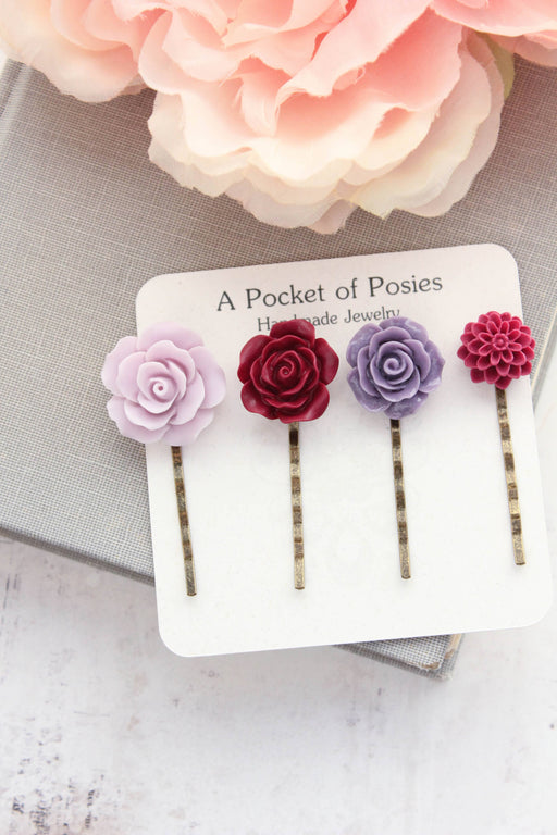 Floral Bobby Pins - Purple and Maroon Roses