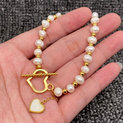 Shell Heart Charm Pearl & 18K Golden SS Beaded Bracelet -FGS