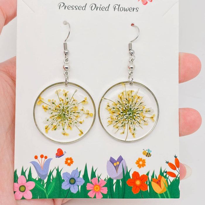 Queen Anne's Lace Round Pendant Dried Flowers Earrings - PDF