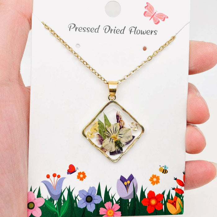 Floral Square Pendant Pressed Dried Flowers Necklace