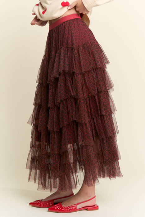TIERED TULLE MESH MAXI-MIDI SKIRT