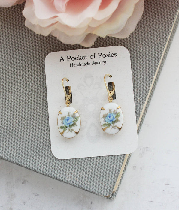 Blue Rose Cameo Earrings