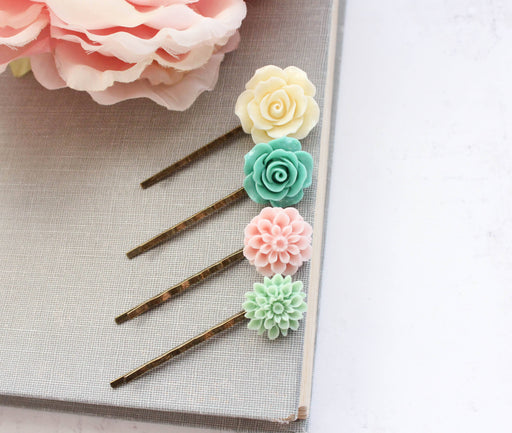 Floral Bobby Pins | Mint and Pastel Pink | Flower Hair Pins