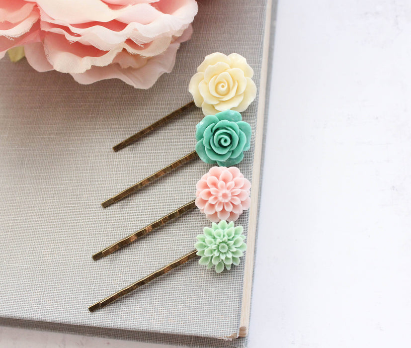 Floral Bobby Pins | Mint and Pastel Pink | Flower Hair Pins