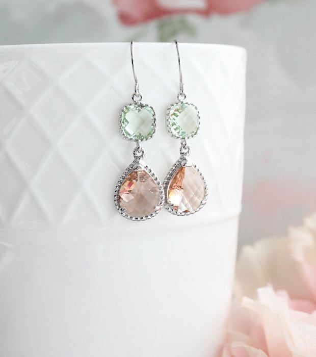 Mint and Peach Earrings | Two Jewel Teardrop Silver Earrings