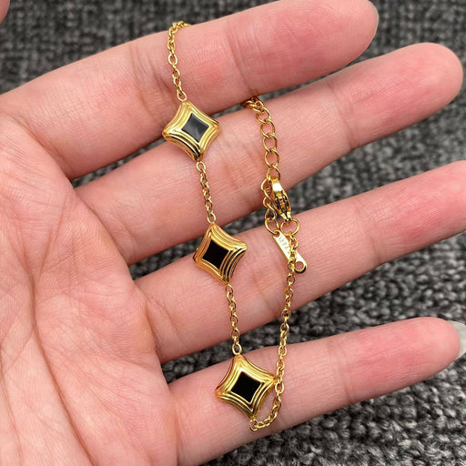 Black Enamel Rhombus Linked 18K Golden SS Bracelet - FGS