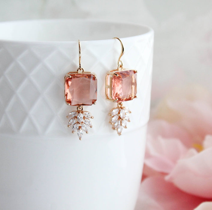 Art Deco Earrings | Square Jewel with Glass Leaf Drop