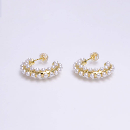 Gold Filled White Pearl Lined 20mm C-Shaped Hoop Earrings