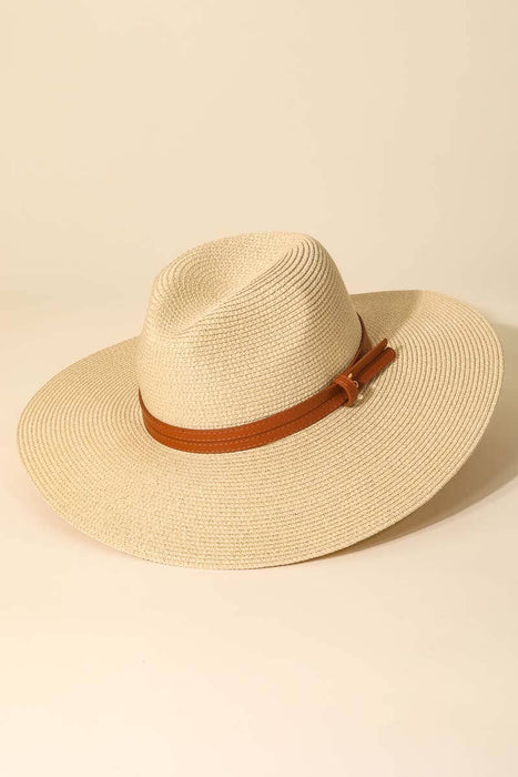 Straw Faux Leather Belt Strap Floppy Hat