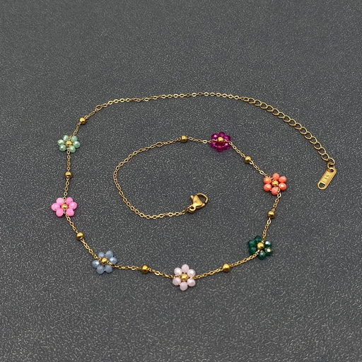 7 Color Glass Beaded Flowers 18K Gold Plated SS Necklace-FGS
