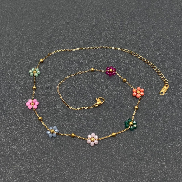 7 Color Glass Beaded Flowers 18K Gold Plated SS Necklace-FGS