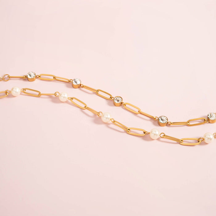 18K Gold PVD Steel Station Pearl Paperclip Chain Bracelet