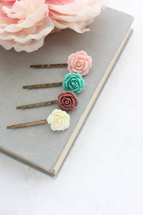 Floral Bobby pin - Teal, Dusty Rose and Blush