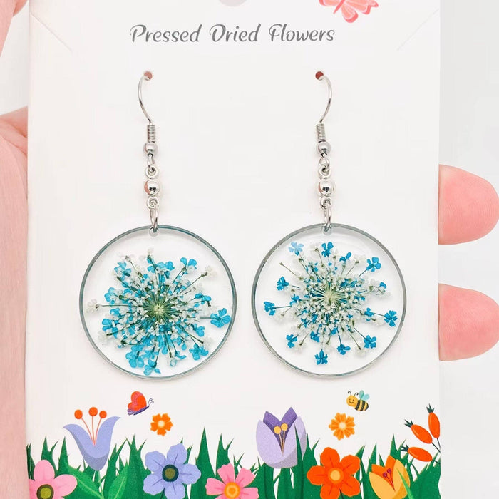 Queen Anne's Lace Round Pendant Dried Flowers Earrings - PDF