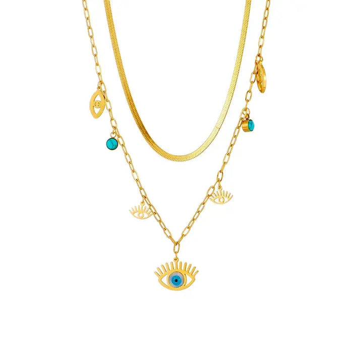 Evil Eye Gold Plated Stainless Steel Layered Necklace