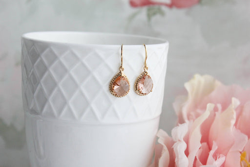 Glass Pear Drop Earrings - gold rope setting - Peach Blush