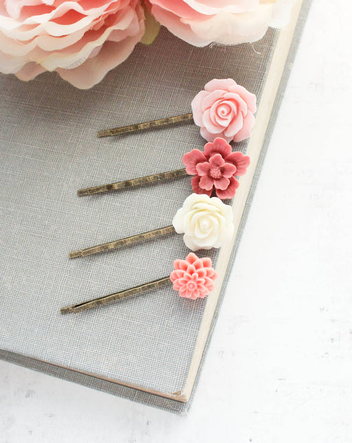 Flower Bobby Pins Set | Shades of Pink and Coral | Pink Rose