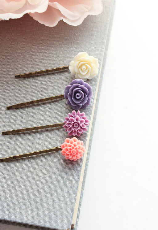 Flower Bobby Pins - Purple and Hot Coral Pink