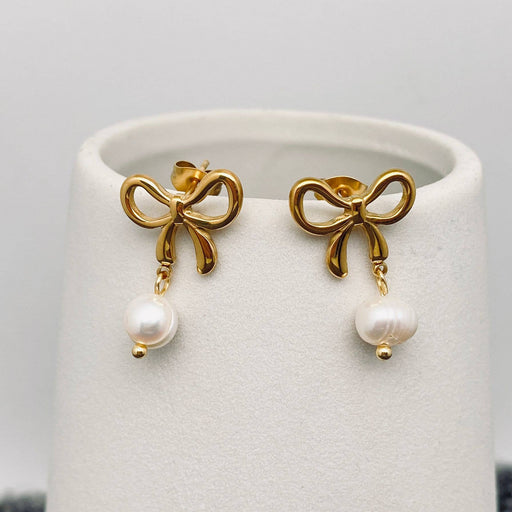 FGS - Pearl Charm18K Gold Plated SS Bow Post Earrings