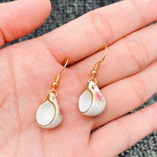 Pink flower Ceramic Teapot & Tea Cup Charm Dangle Earrings