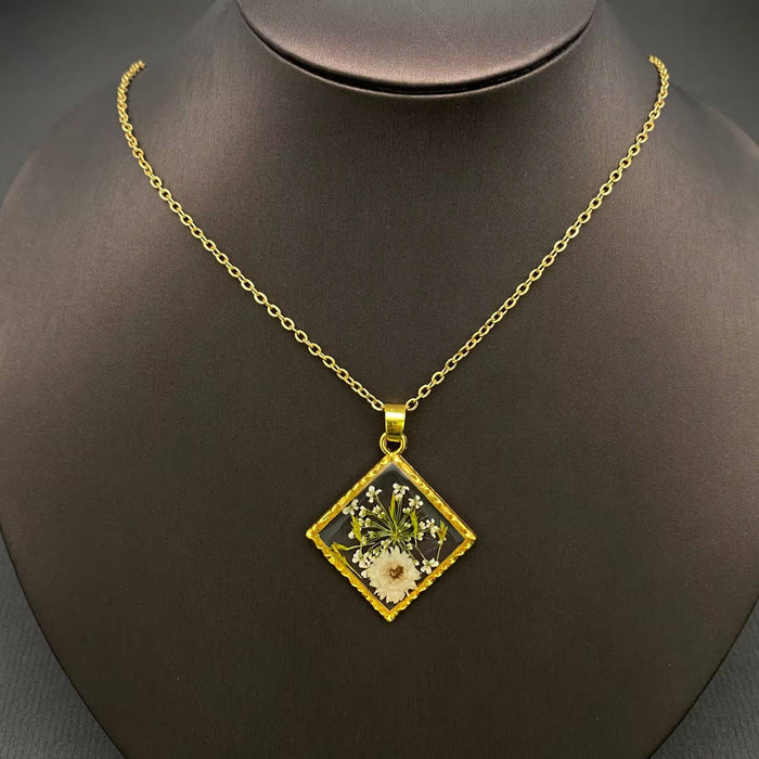 Dried Flower Rhombus Charm 18K Gold Plated Necklace