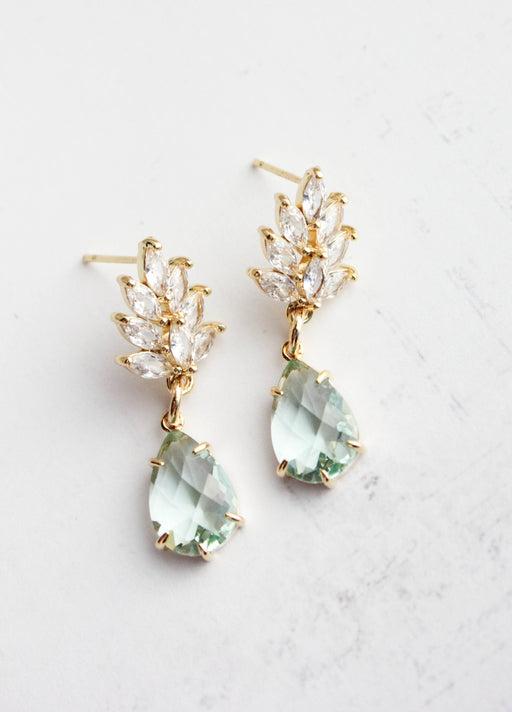Glass Leaf Earrings | Rhinestone Studs | Gold