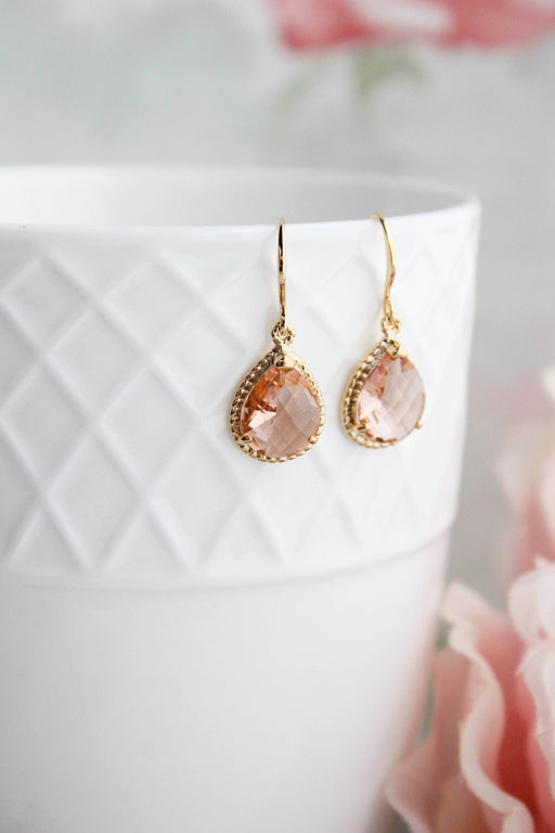 Glass Pear Drop Earrings - gold rope setting - Peach Blush