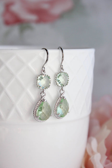 Light Green Glass Dangle Earrings | Two Jewel Teardrop