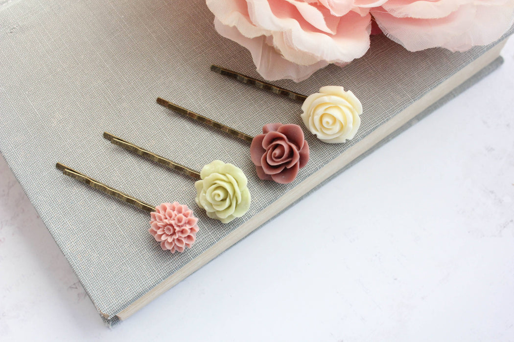 Flower Bobby Pins | Rose Hair Pins | Dusty Rose and Green