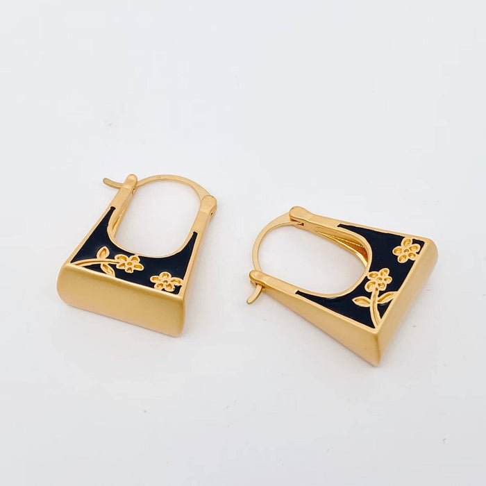 Black Enamel Carved Flower Bag Design Huggie Earrings