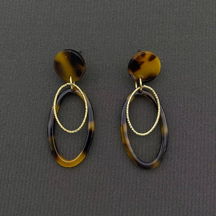 Leopard Color Resin & Metal Double Ring Dangle Earrings